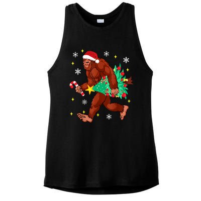 Bigfoot Carrying Christmas Tree Funny Xmas 2021 Sasquatch Ladies PosiCharge Tri-Blend Wicking Tank