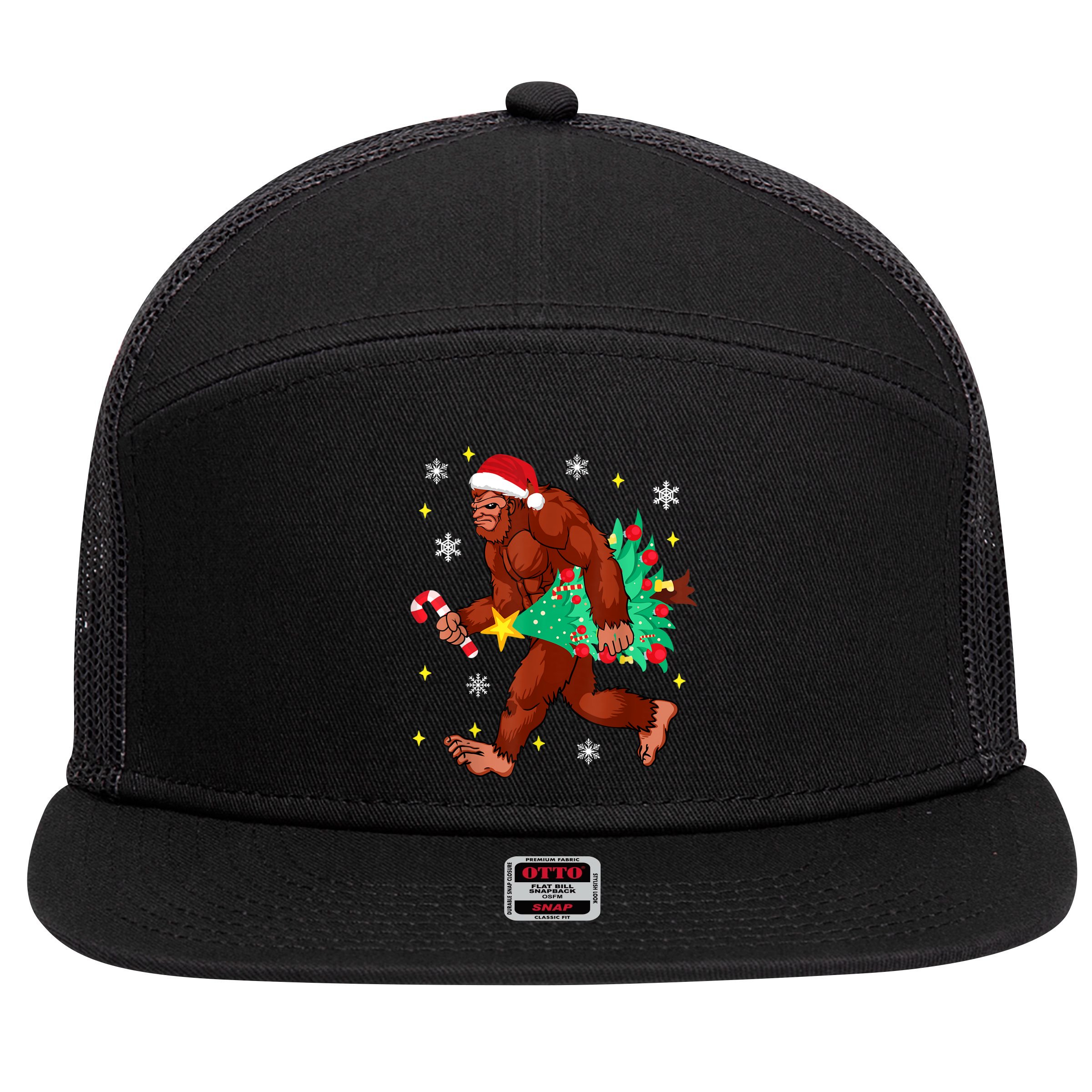 Bigfoot Carrying Christmas Tree Funny Xmas 2021 Sasquatch 7 Panel Mesh Trucker Snapback Hat