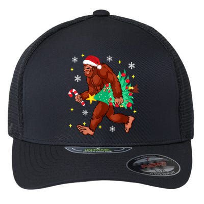 Bigfoot Carrying Christmas Tree Funny Xmas 2021 Sasquatch Flexfit Unipanel Trucker Cap