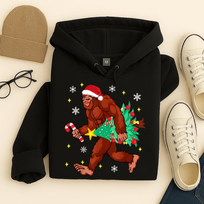 Bigfoot Carrying Christmas Tree Funny Xmas 2021 Sasquatch Hoodie