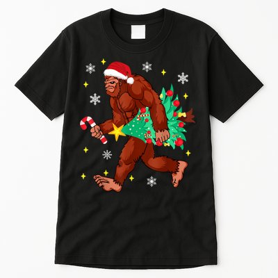 Bigfoot Carrying Christmas Tree Funny Xmas 2021 Sasquatch Tall T-Shirt