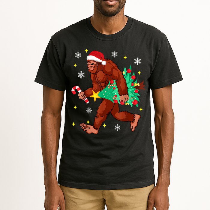 Bigfoot Carrying Christmas Tree Funny Xmas 2021 Sasquatch Tall T-Shirt