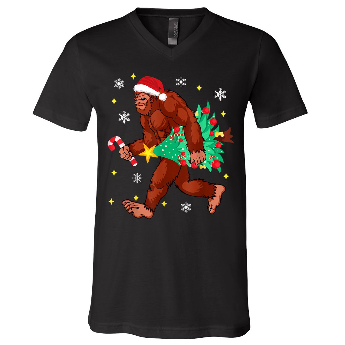 Bigfoot Carrying Christmas Tree Funny Xmas 2021 Sasquatch V-Neck T-Shirt