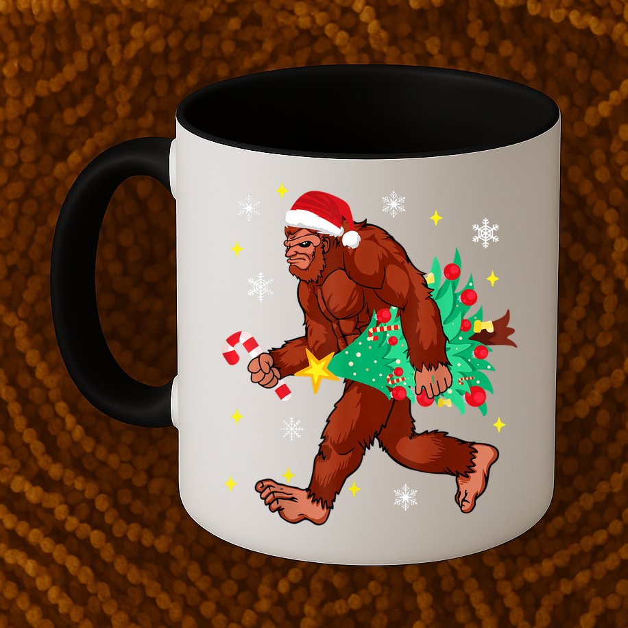 Bigfoot Carrying Christmas Tree Funny Xmas 2021 Sasquatch Mug