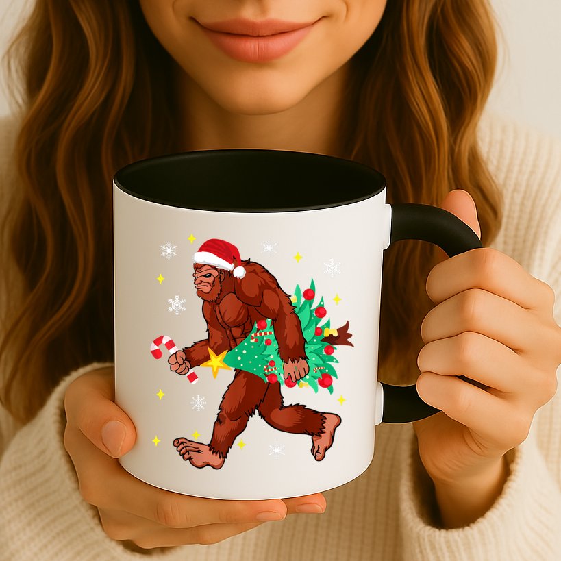 Bigfoot Carrying Christmas Tree Funny Xmas 2021 Sasquatch Mug