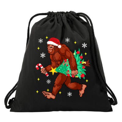 Bigfoot Carrying Christmas Tree Funny Xmas 2021 Sasquatch Drawstring Bag