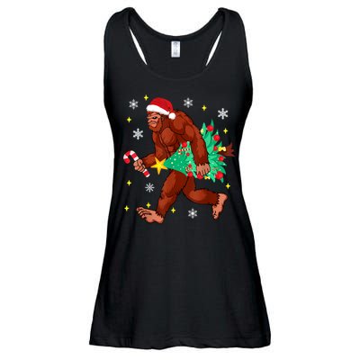 Bigfoot Carrying Christmas Tree Funny Xmas 2021 Sasquatch Ladies Essential Flowy Tank