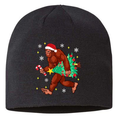 Bigfoot Carrying Christmas Tree Funny Xmas 2021 Sasquatch Sustainable Beanie