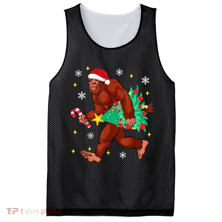 Bigfoot Carrying Christmas Tree Funny Xmas 2021 Sasquatch Mesh Reversible Basketball Jersey Tank