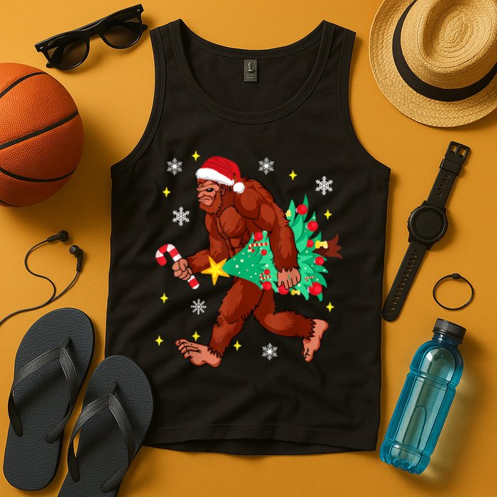 Bigfoot Carrying Christmas Tree Funny Xmas 2021 Sasquatch Tank Top