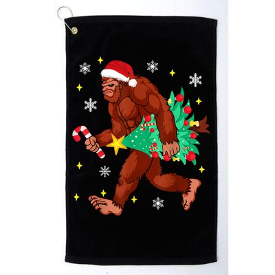 Bigfoot Carrying Christmas Tree Funny Xmas 2021 Sasquatch Golf Towel
