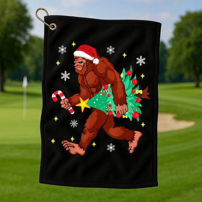 Bigfoot Carrying Christmas Tree Funny Xmas 2021 Sasquatch Golf Towel