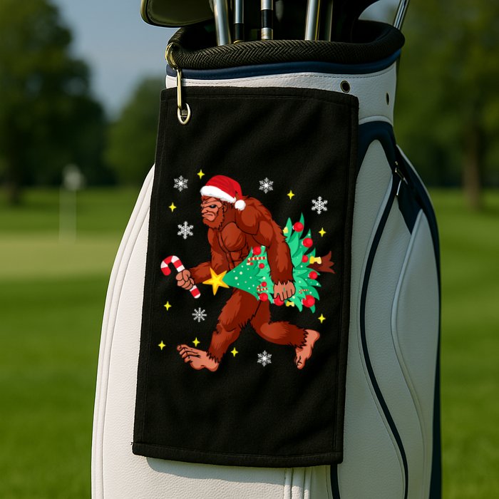 Bigfoot Carrying Christmas Tree Funny Xmas 2021 Sasquatch Golf Towel