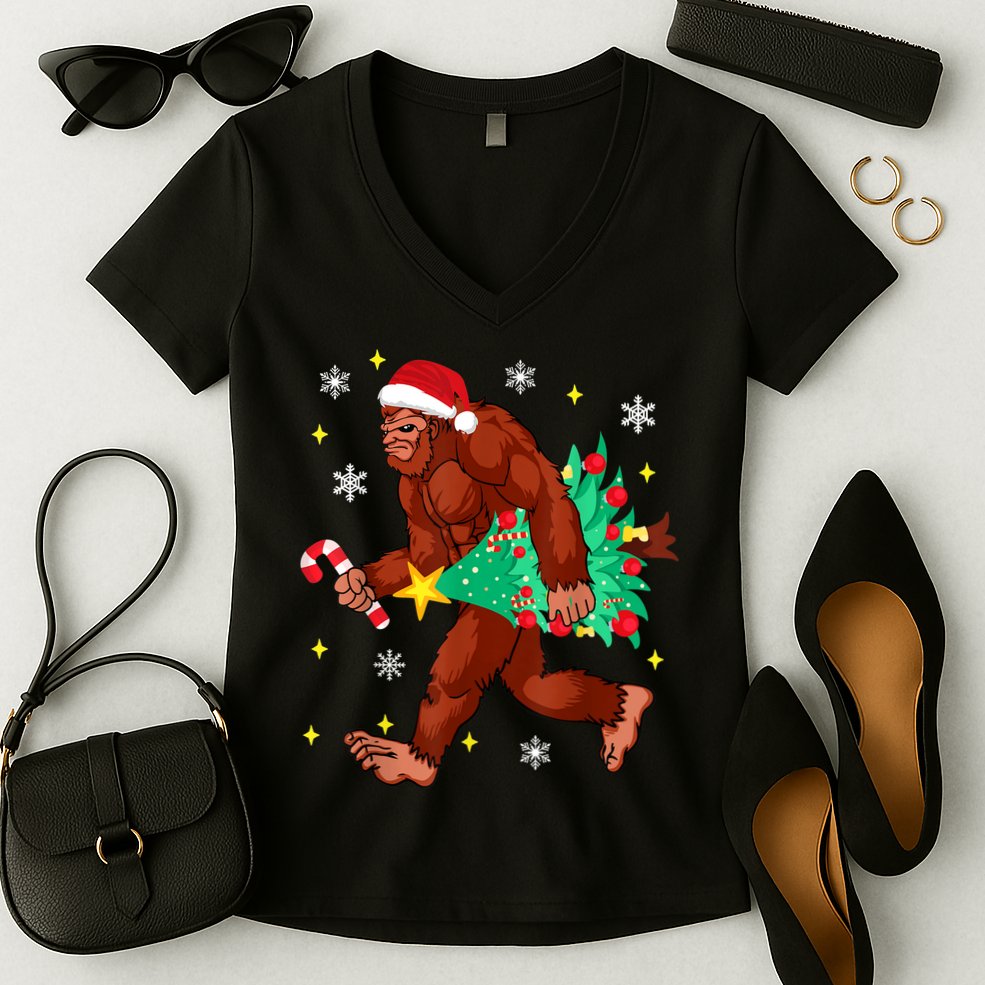 Bigfoot Carrying Christmas Tree Funny Xmas 2021 Sasquatch Women's V-Neck T-Shirt