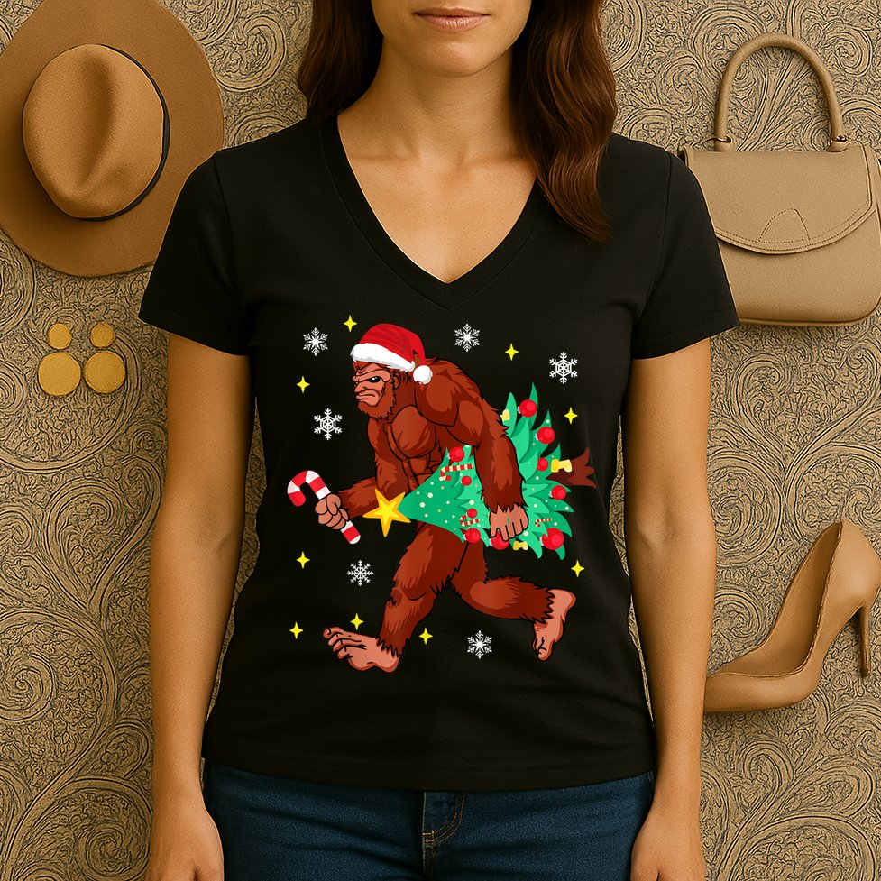 Bigfoot Carrying Christmas Tree Funny Xmas 2021 Sasquatch Women's V-Neck T-Shirt