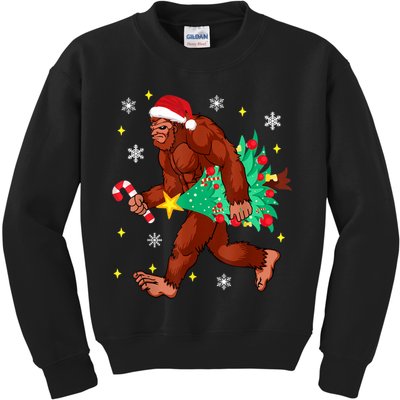 Bigfoot Carrying Christmas Tree Funny Xmas 2021 Sasquatch Kids Sweatshirt