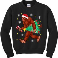 Bigfoot Carrying Christmas Tree Funny Xmas 2021 Sasquatch Kids Sweatshirt