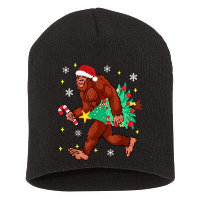 Bigfoot Carrying Christmas Tree Funny Xmas 2021 Sasquatch Short Acrylic Beanie