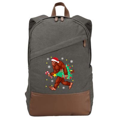 Bigfoot Carrying Christmas Tree Funny Xmas 2021 Sasquatch Cotton Canvas Backpack