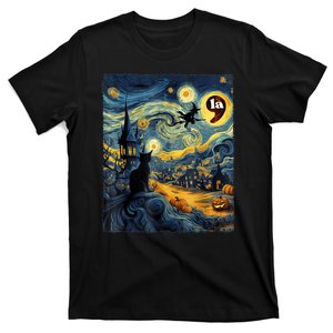 Black Cat Comma La Kamala Harris Halloween Starry Night T-Shirt