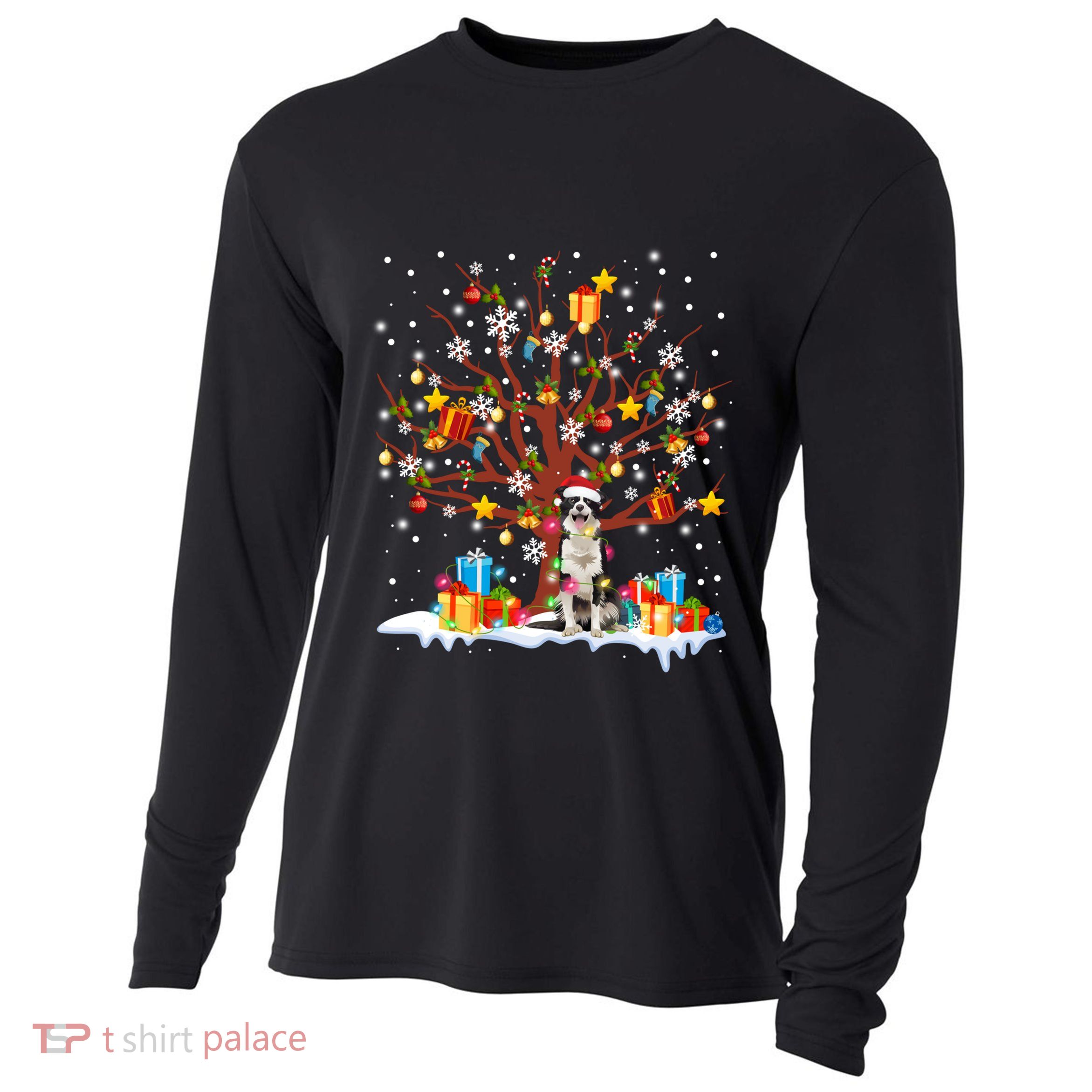 Border Collie Christmas Tree Lights Ornat Decor Gift Cooling Performance Long Sleeve Crew