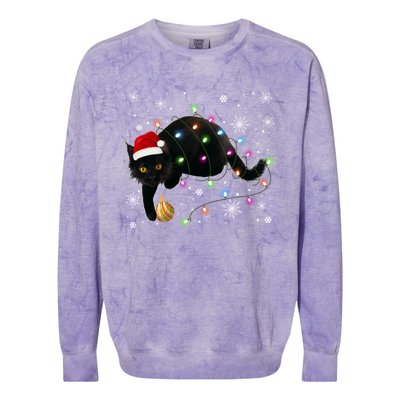 Black Cat Christmas Tree Lights Funny Santa Kitten Led Light Great Gift Colorblast Crewneck Sweatshirt