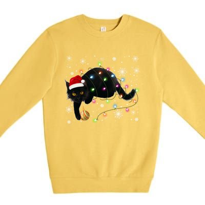 Black Cat Christmas Tree Lights Funny Santa Kitten Led Light Great Gift Premium Crewneck Sweatshirt