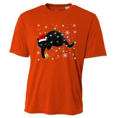 Black Cat Christmas Tree Lights Funny Santa Kitten Led Light Great Gift Cooling Performance Crew T-Shirt