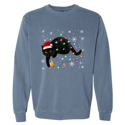 Black Cat Christmas Tree Lights Funny Santa Kitten Led Light Great Gift Garment-Dyed Sweatshirt