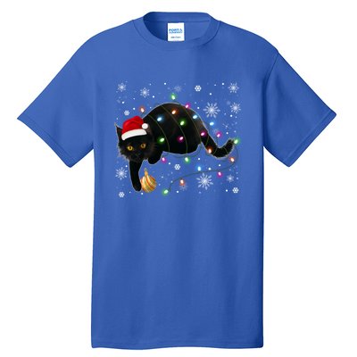 Black Cat Christmas Tree Lights Funny Santa Kitten Led Light Great Gift Tall T-Shirt