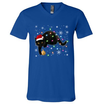 Black Cat Christmas Tree Lights Funny Santa Kitten Led Light Great Gift V-Neck T-Shirt