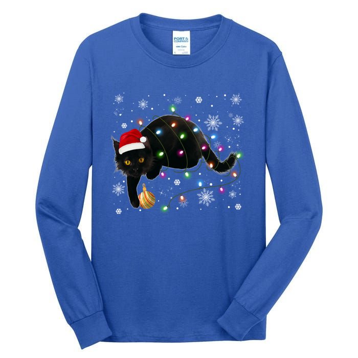 Black Cat Christmas Tree Lights Funny Santa Kitten Led Light Great Gift Tall Long Sleeve T-Shirt