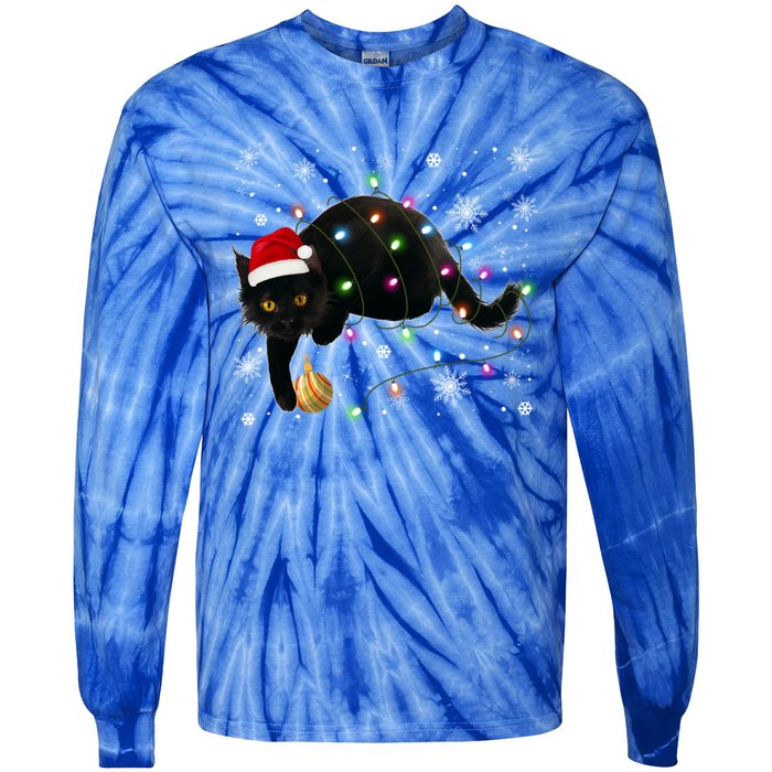 Black Cat Christmas Tree Lights Funny Santa Kitten Led Light Great Gift Tie-Dye Long Sleeve Shirt