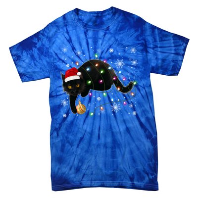 Black Cat Christmas Tree Lights Funny Santa Kitten Led Light Great Gift Tie-Dye T-Shirt