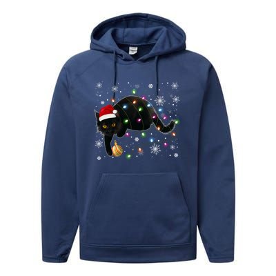 Black Cat Christmas Tree Lights Funny Santa Kitten Led Light Great Gift Performance Fleece Hoodie