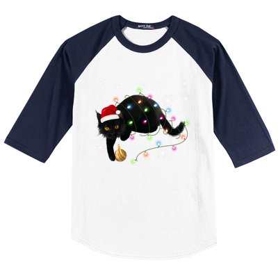 Black Cat Christmas Tree Lights Funny Santa Kitten Led Light Great Gift Baseball Sleeve Shirt