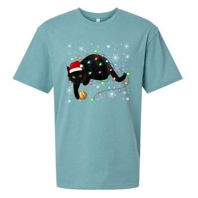 Black Cat Christmas Tree Lights Funny Santa Kitten Led Light Great Gift Sueded Cloud Jersey T-Shirt