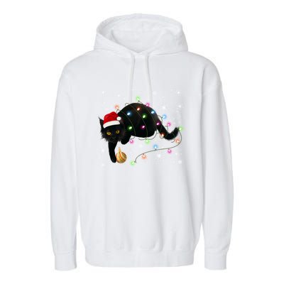 Black Cat Christmas Tree Lights Funny Santa Kitten Led Light Great Gift Garment-Dyed Fleece Hoodie