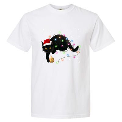 Black Cat Christmas Tree Lights Funny Santa Kitten Led Light Great Gift Garment-Dyed Heavyweight T-Shirt