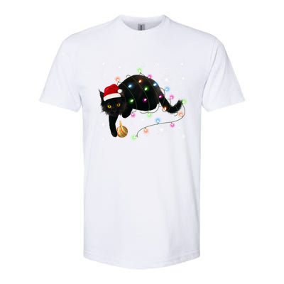 Black Cat Christmas Tree Lights Funny Santa Kitten Led Light Great Gift Softstyle CVC T-Shirt