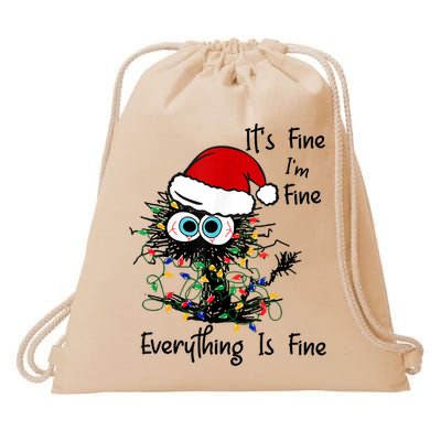 Black Cat Christmas It's Fine I'm Fine Everything Is Fine Drawstring Bag