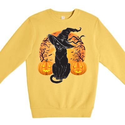 Black Cat Costume Scary Halloween Witch Hat And Moon Gift Premium Crewneck Sweatshirt