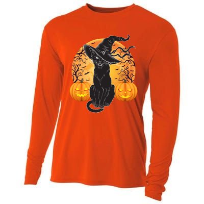 Black Cat Costume Scary Halloween Witch Hat And Moon Gift Cooling Performance Long Sleeve Crew