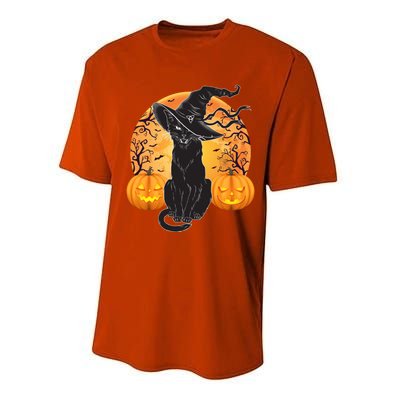 Black Cat Costume Scary Halloween Witch Hat And Moon Gift Performance Sprint T-Shirt