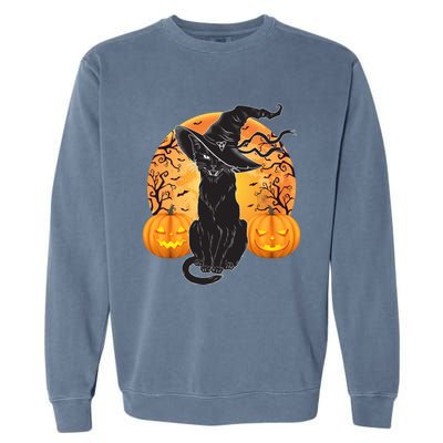 Black Cat Costume Scary Halloween Witch Hat And Moon Gift Garment-Dyed Sweatshirt