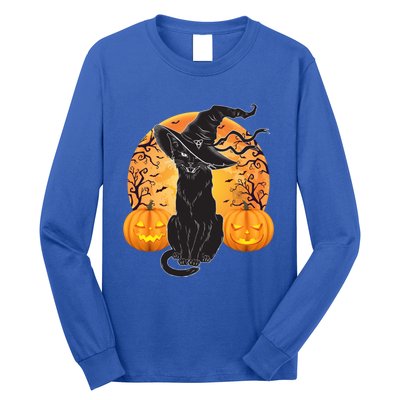 Black Cat Costume Scary Halloween Witch Hat And Moon Gift Long Sleeve Shirt