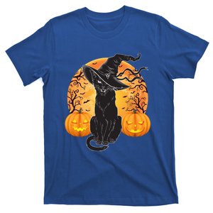 Black Cat Costume Scary Halloween Witch Hat And Moon Gift T-Shirt