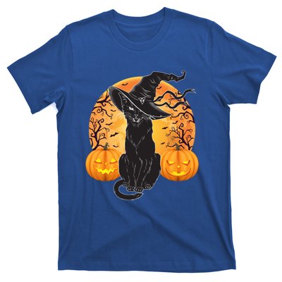 Black Cat Costume Scary Halloween Witch Hat And Moon Gift T-Shirt