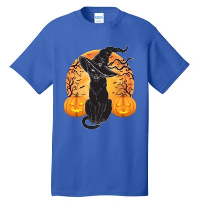 Black Cat Costume Scary Halloween Witch Hat And Moon Gift Tall T-Shirt