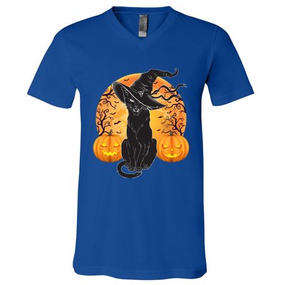 Black Cat Costume Scary Halloween Witch Hat And Moon Gift V-Neck T-Shirt